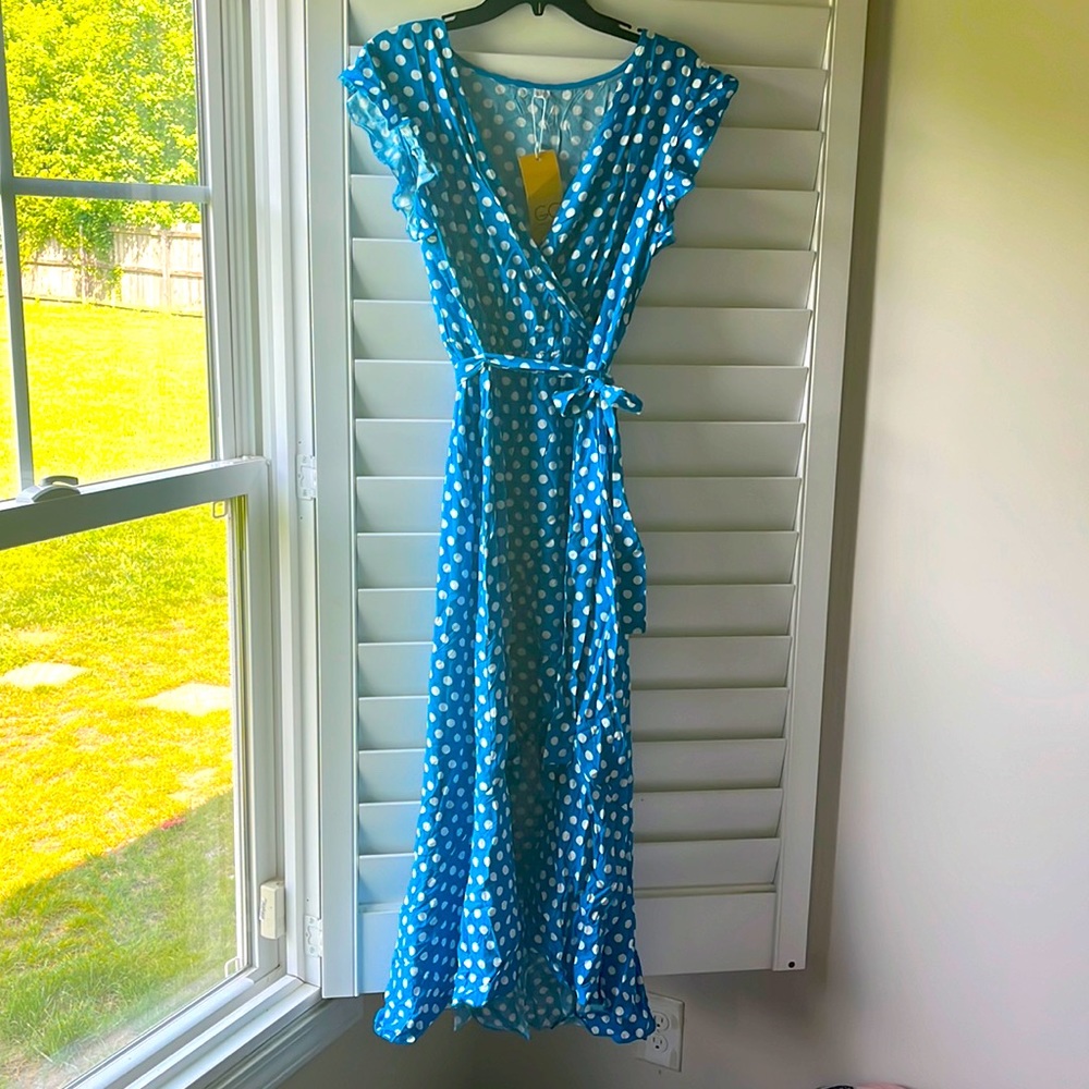 Blue polka dot wrap dress